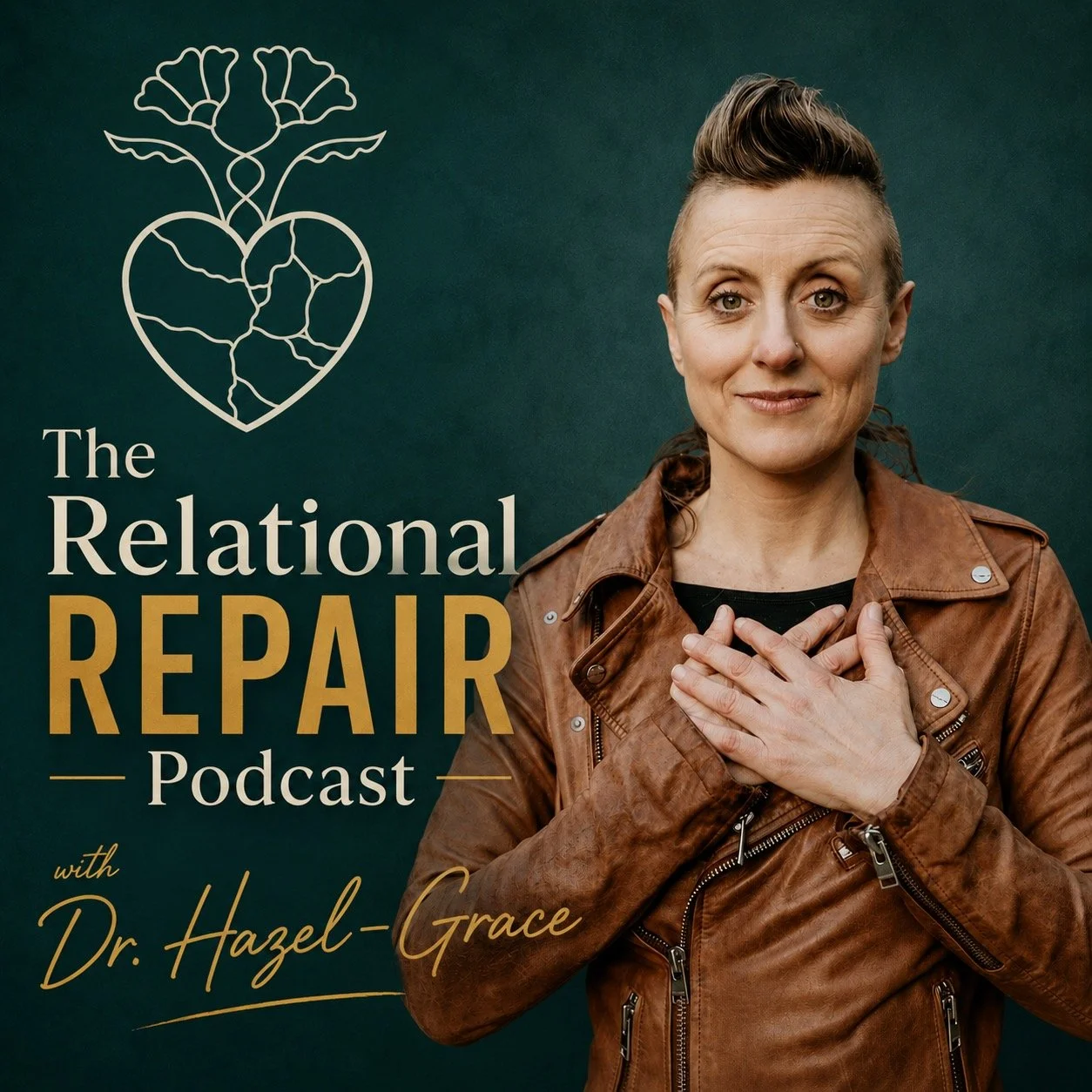 The Relational Repair Podcast with Dr. Hazel-Grace graphic heart shaped logo human in brown leather jacket with hands on heart