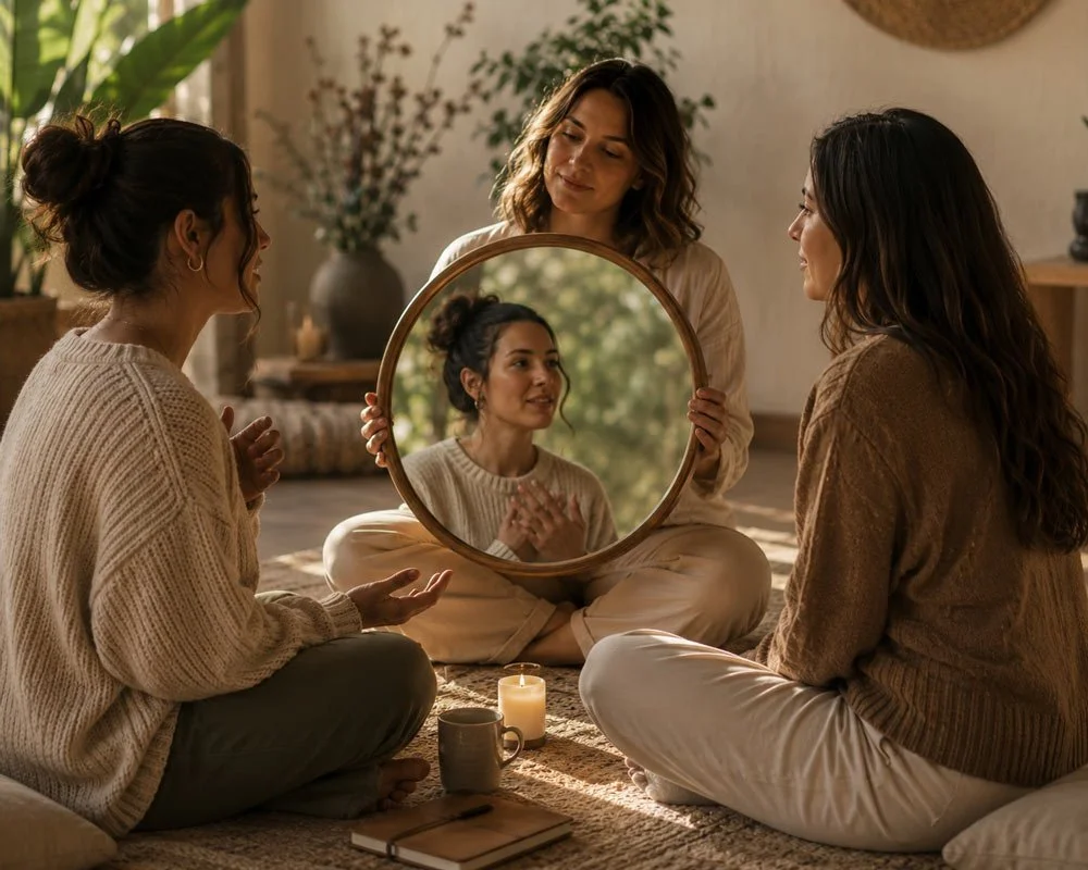 Three women sitting on the floor, having a conversation, with a round mirror reflecting one of them, surrounded by candles and a book, in a cozy, well-lit room.