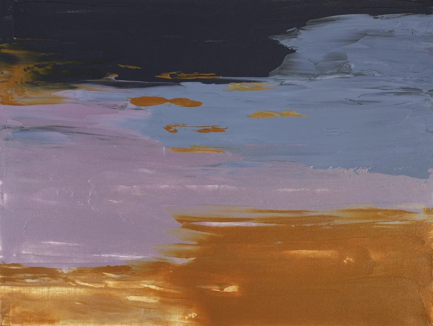 Abstract painting with a warm gold top layer, followed by lavender and pale blue horizontal strokes, anchored by a heavy, textured base of Payne's Grey.