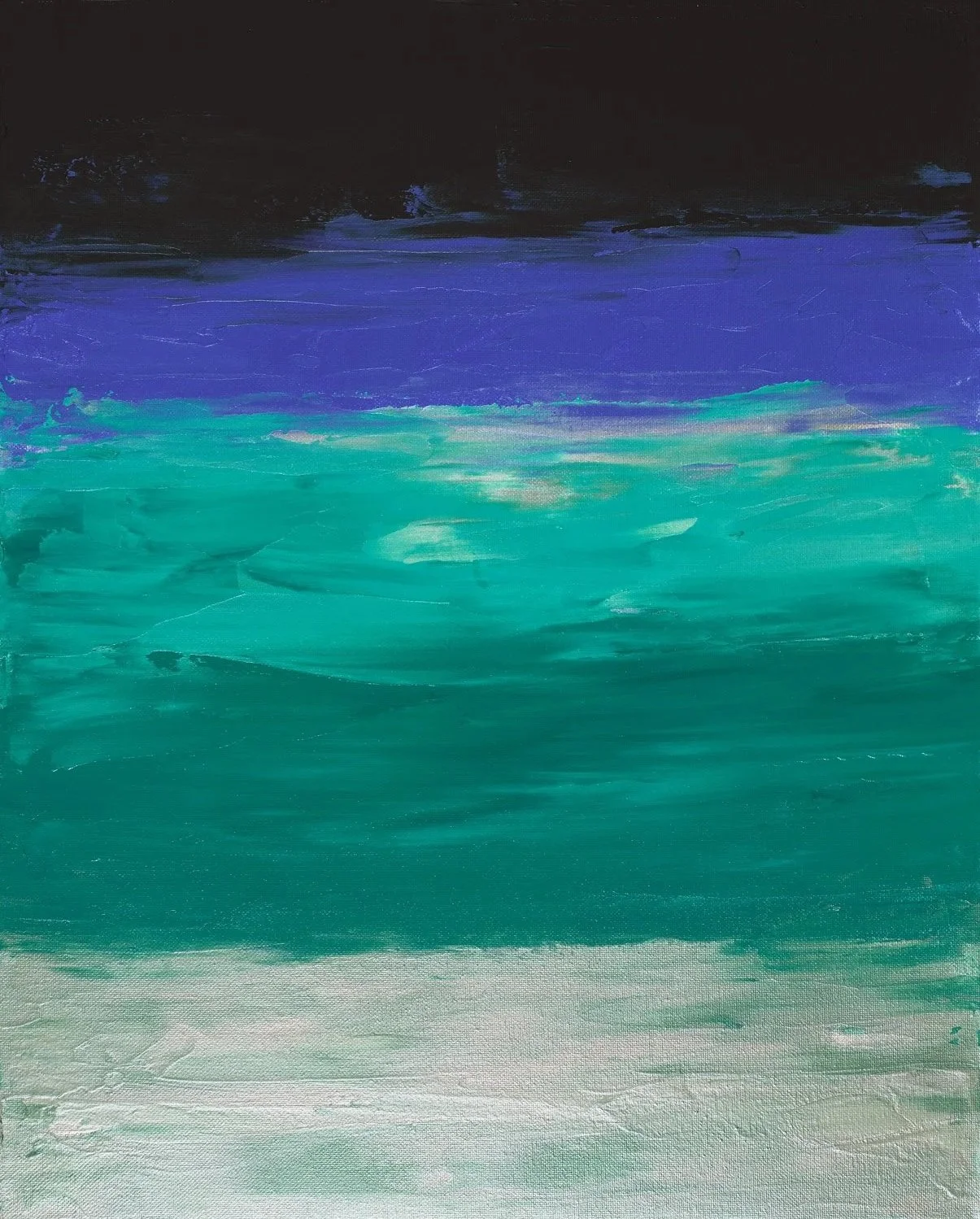 Abstract painting with a solid black upper section and vibrant horizontal layers of teal and royal blue. The composition is anchored by a shimmering silver base with thick, visible texture.