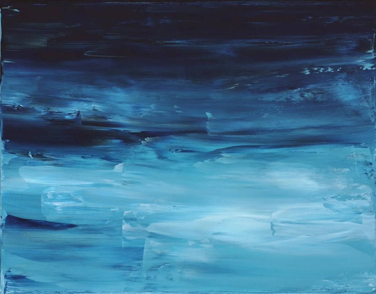 Abstract acrylic painting with deep blue, navy, and white horizontal textured strokes, evoking a sense of calm and mental clarity.