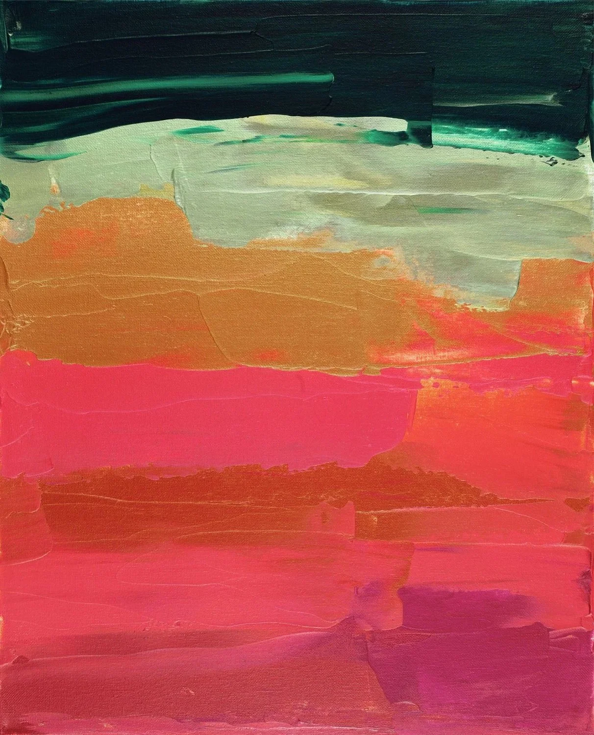 Abstract palette knife painting with horizontal layers of dark teal, sage green, earthy orange, and a prominent vibrant pink stripe.