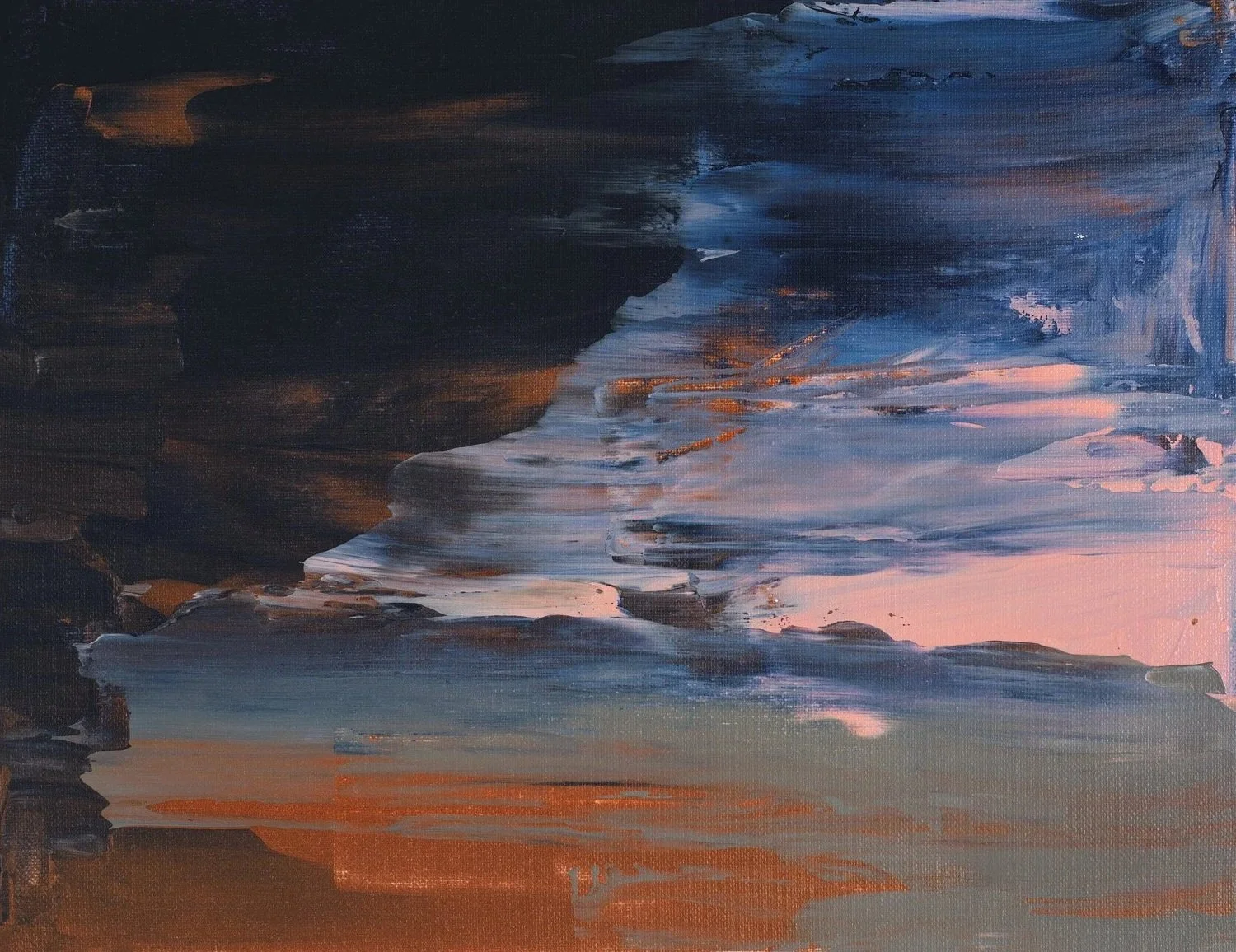 Abstract painting resembling a coastal landscape with deep indigo and black in the foreground, transitioning to textured strokes of soft pink, light blue, and a glowing copper-orange sky.