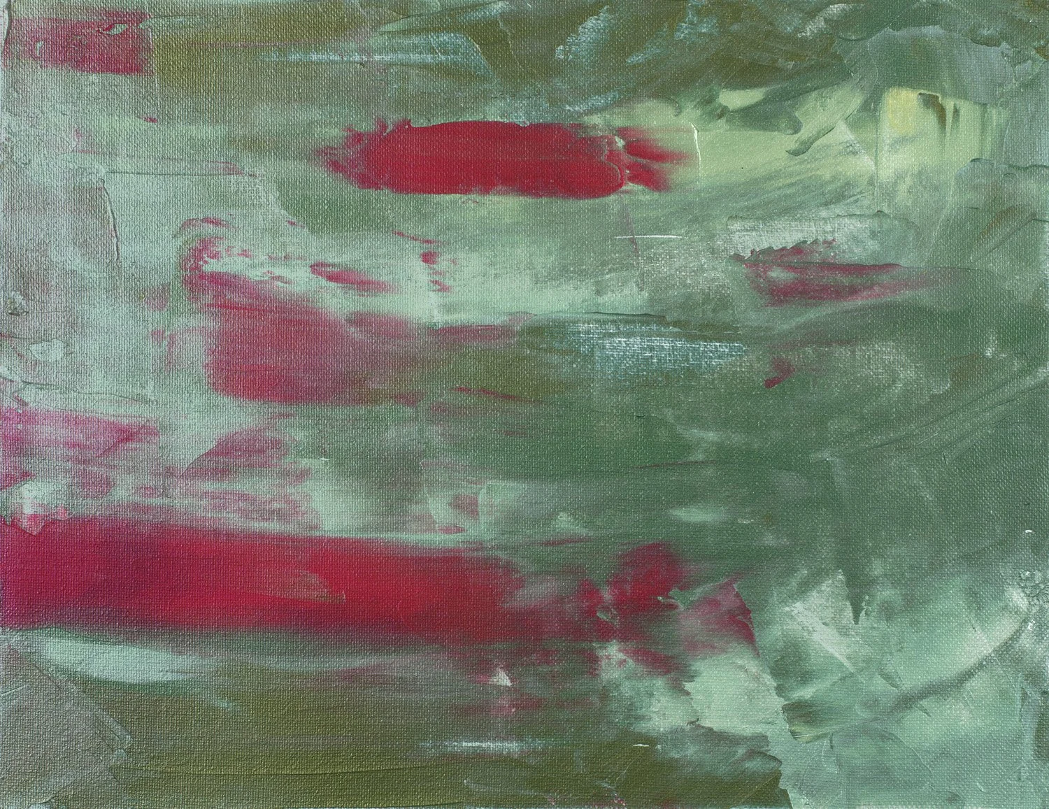 Textured abstract art in sage green, gray, and earthy red with thick, horizontal brushwork and a layered central area.
