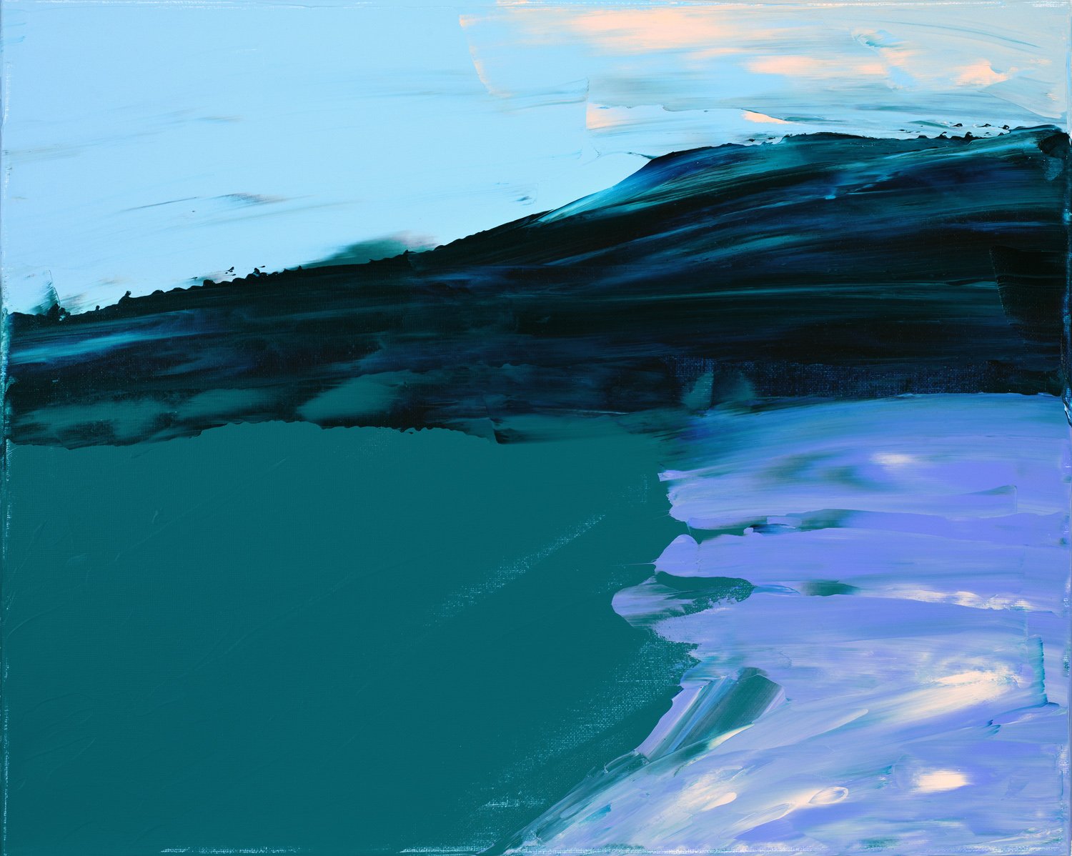 Abstract painting resembling a stormy seascape with deep teal and navy blue central blocks, surrounded by energetic, swirled brushstrokes of icy blue, white, and lavender.