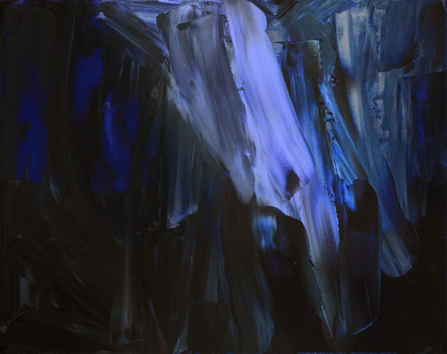An abstract painting with heavy, expressive brushstrokes in shades of deep indigo, slate blue, and black, with highlights of pale periwinkle creating a sense of movement.