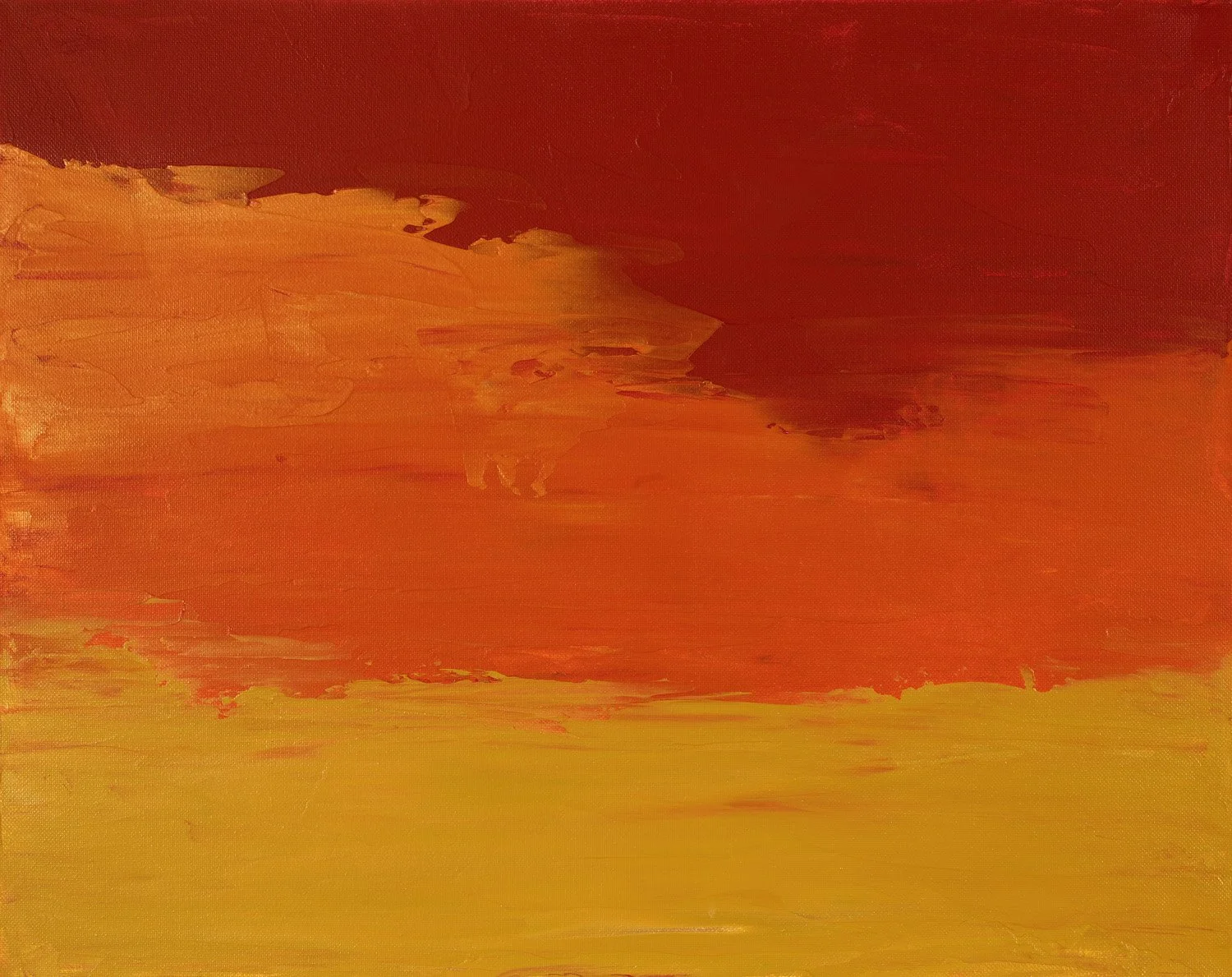 Abstract painting with a large, bold red section across the top, layered over horizontal bands of warm orange and golden yellow.