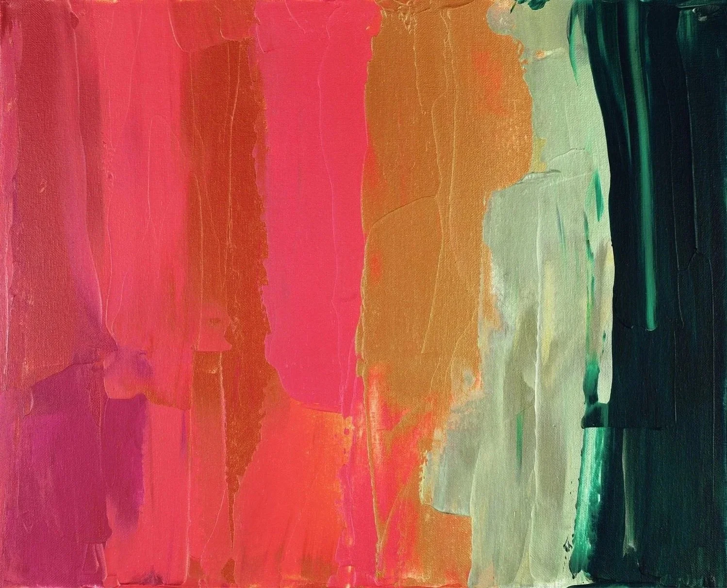 Abstract palette knife painting with horizontal layers of dark teal, sage green, earthy orange, and a prominent vibrant pink stripe.