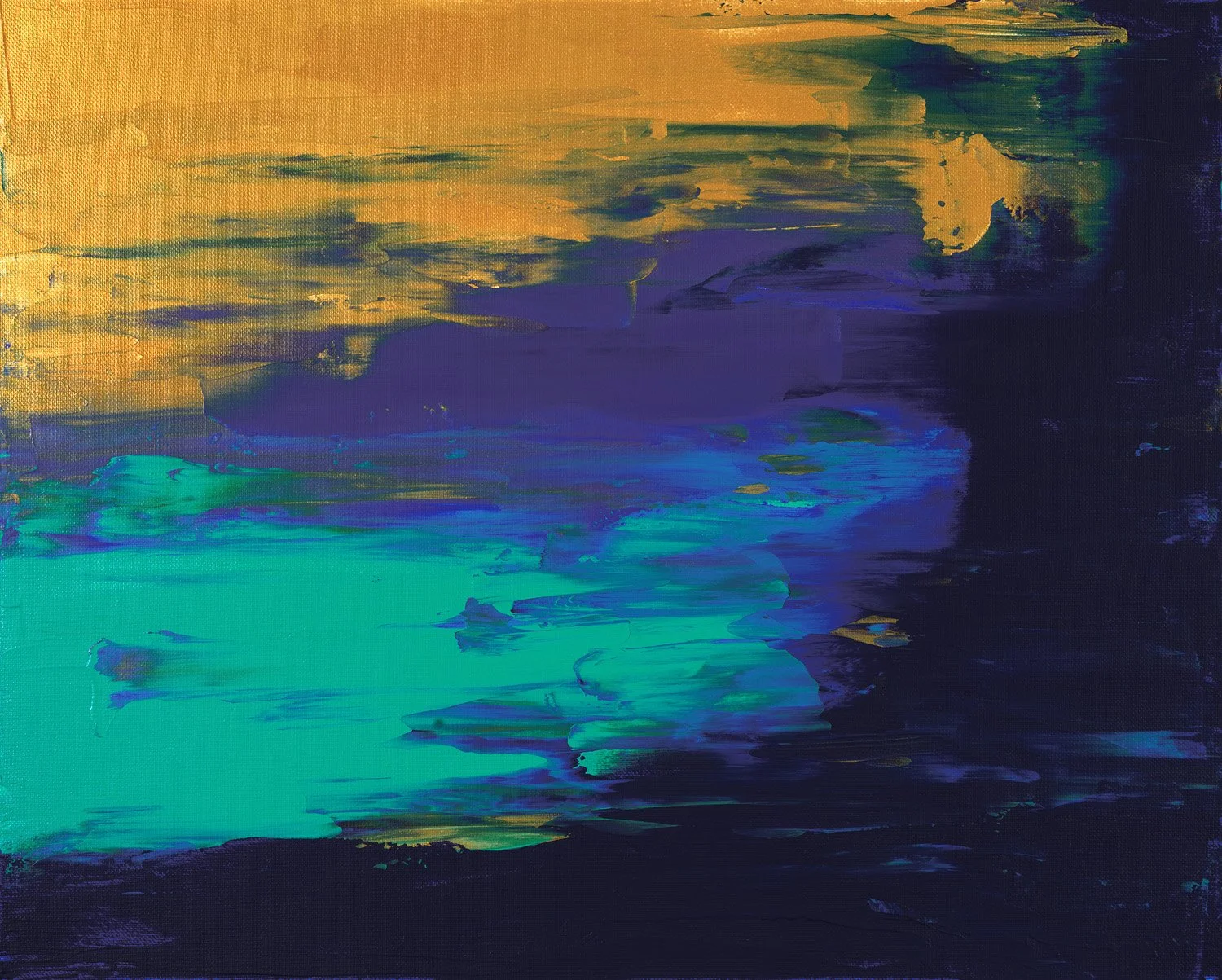 Textured abstract art featuring a dark, moody base with bright, energetic layers of gold at the top and turquoise across the middle.