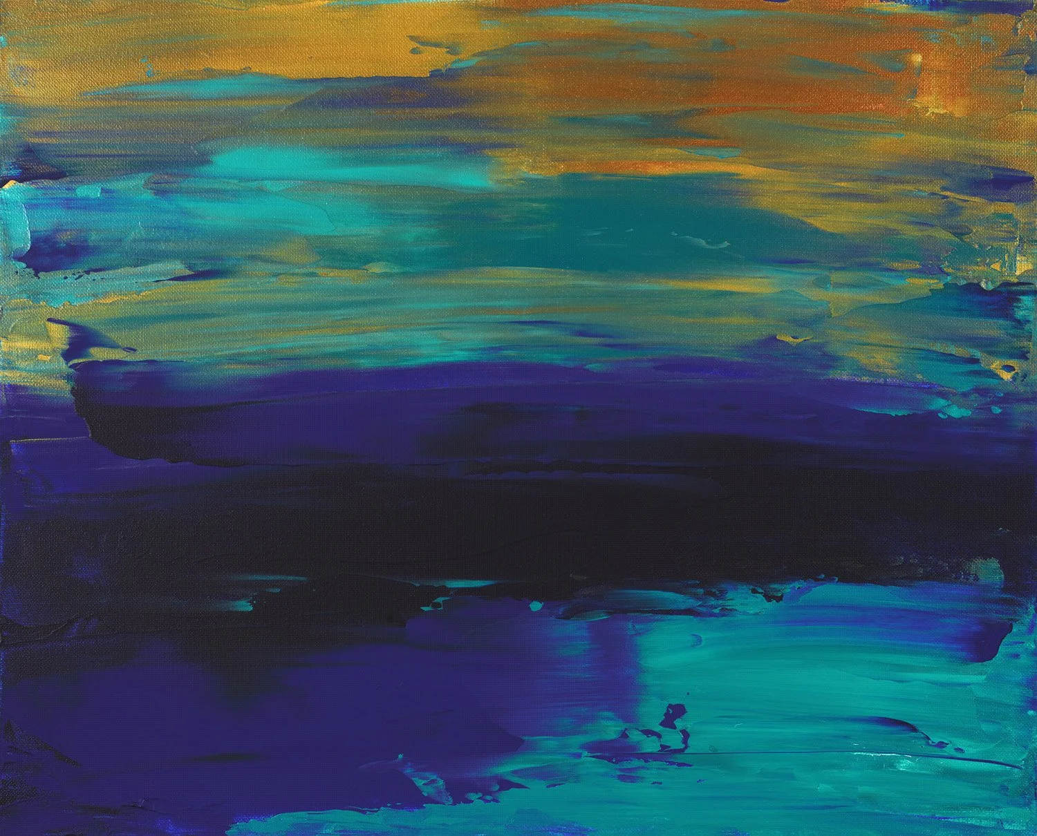 Abstract painting with a deep, solid black background. Bright horizontal layers of royal blue and teal sweep across the middle, topped by a shimmering, textured band of golden yellow.
