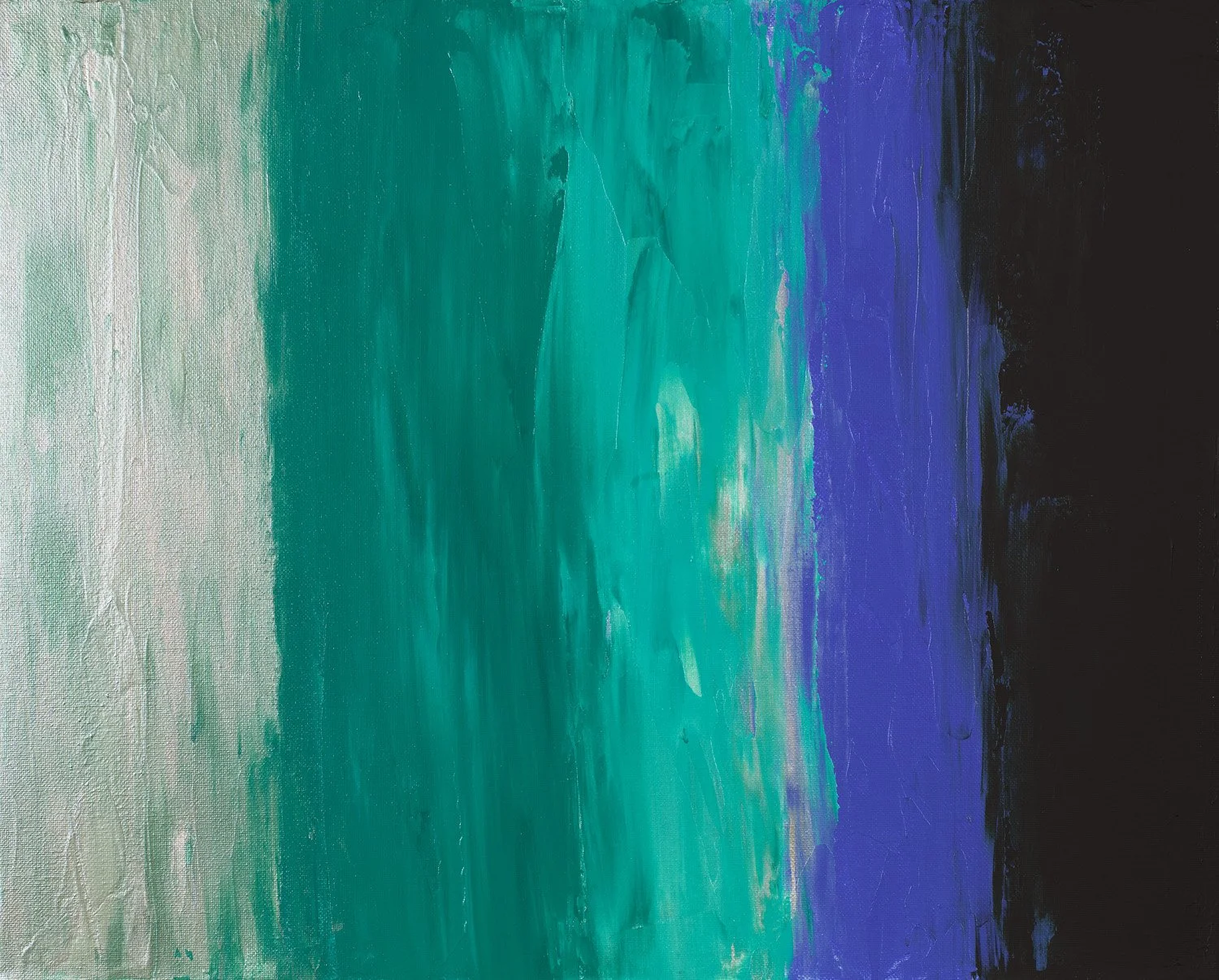 Abstract painting with a solid black upper section and vibrant horizontal layers of teal and royal blue. The composition is anchored by a shimmering silver base with thick, visible texture.