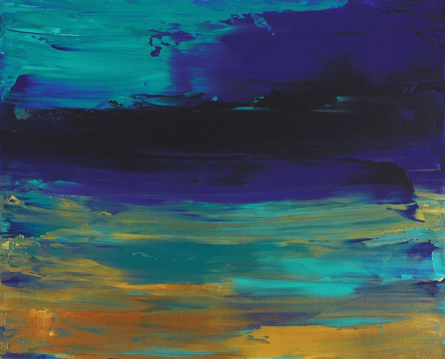 Textured abstract art featuring a dark base with luminous blue, turquoise, and gold horizontal brushstrokes that create a glowing central effect.