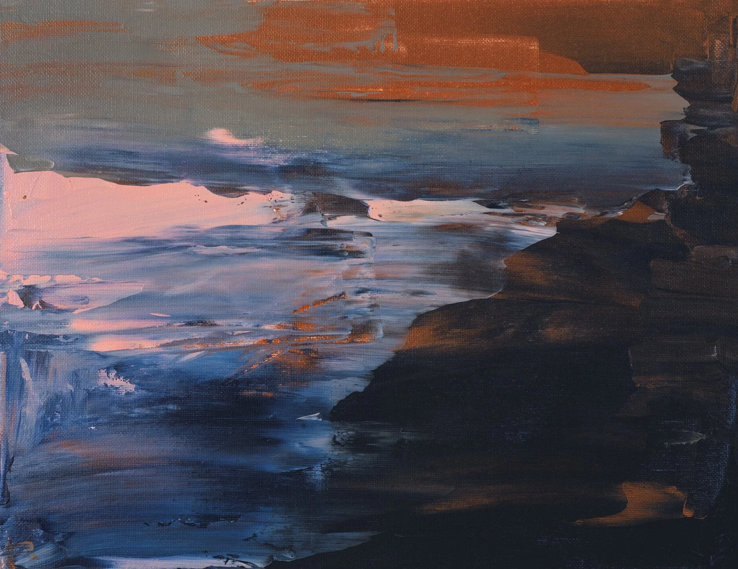 Abstract painting resembling a coastal landscape with deep indigo and black in the foreground, transitioning to textured strokes of soft pink, light blue, and a glowing copper-orange sky.