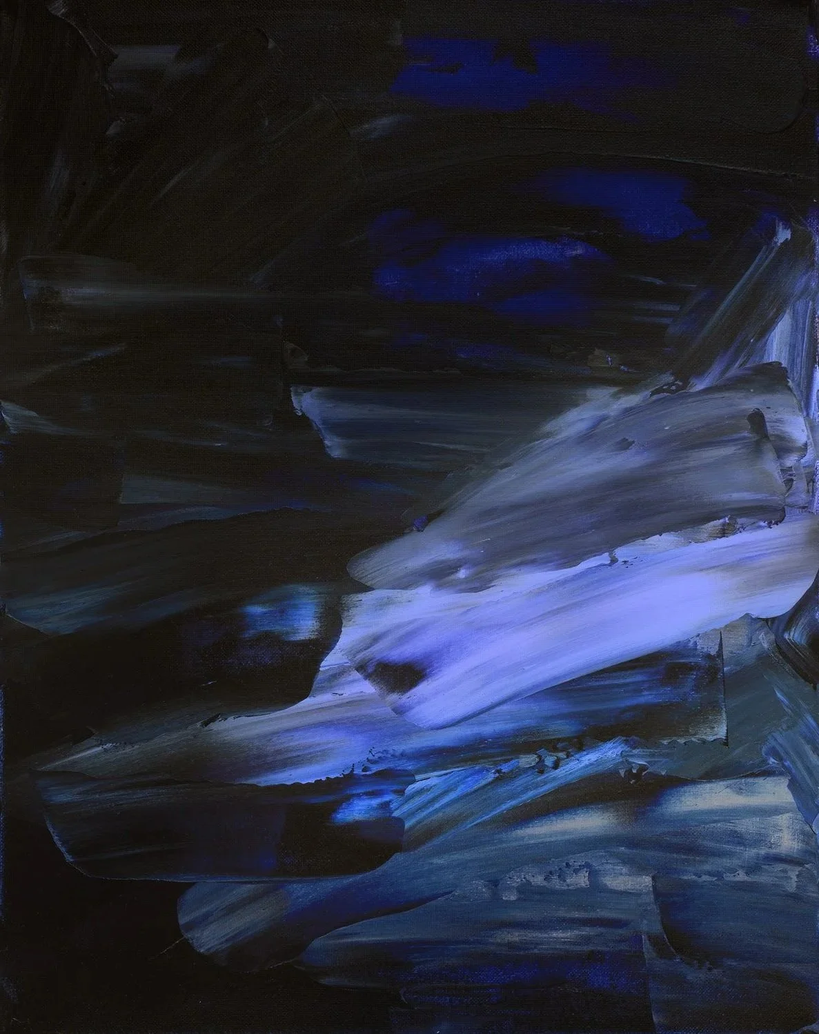 An abstract painting with heavy, expressive brushstrokes in shades of deep indigo, slate blue, and black, with highlights of pale periwinkle creating a sense of movement.