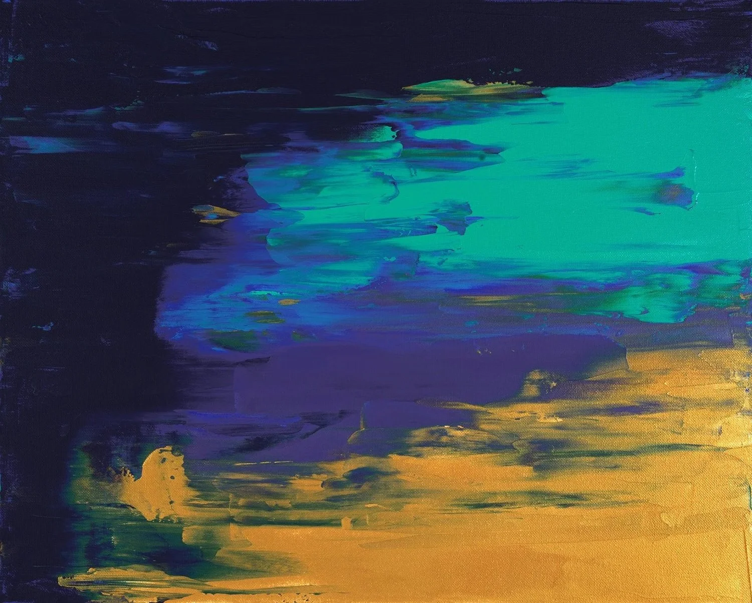 Textured abstract art featuring a dark, moody base with bright, energetic layers of gold at the top and turquoise across the middle.