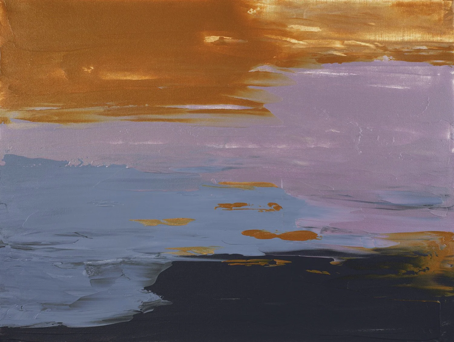 Abstract painting with a warm gold top layer, followed by lavender and pale blue horizontal strokes, anchored by a heavy, textured base of Payne's Grey.