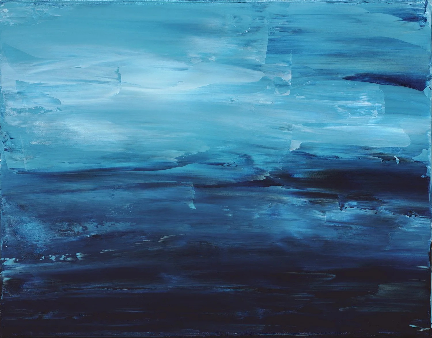 Abstract acrylic painting with deep blue, navy, and white horizontal textured strokes, evoking a sense of calm and mental clarity.