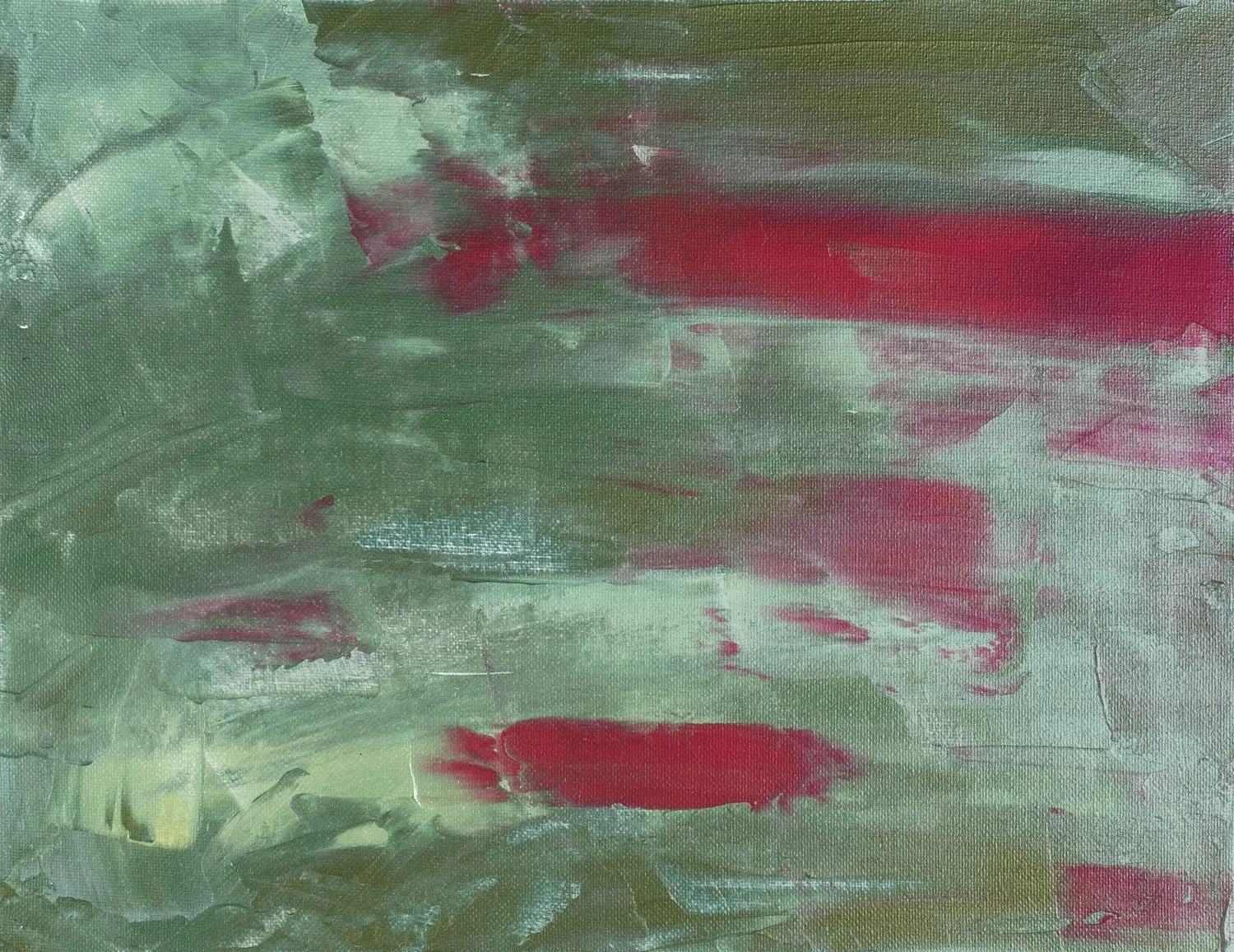 Textured abstract art in sage green, gray, and earthy red with thick, horizontal brushwork and a layered central area.