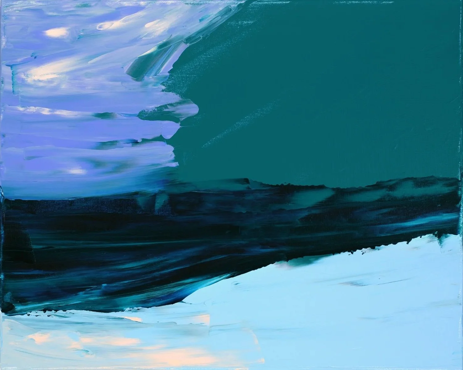 Abstract painting resembling a stormy seascape with deep teal and navy blue central blocks, surrounded by energetic, swirled brushstrokes of icy blue, white, and lavender.
