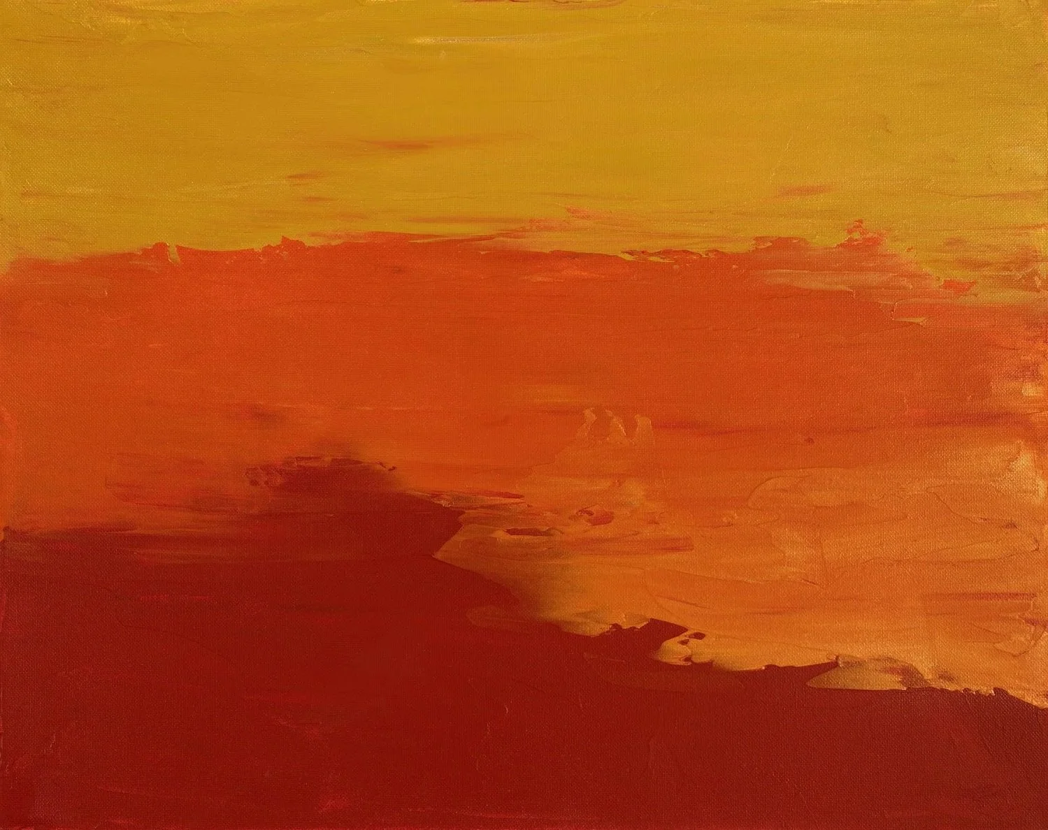 Abstract painting with a large, bold red section across the top, layered over horizontal bands of warm orange and golden yellow.