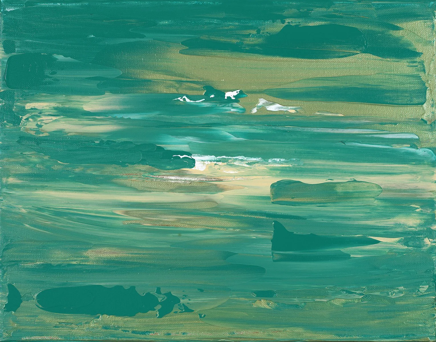 An abstract painting with broad horizontal brushstrokes in shades of green, teal, and hints of white and beige, creating a landscape-like scene with layered textures.