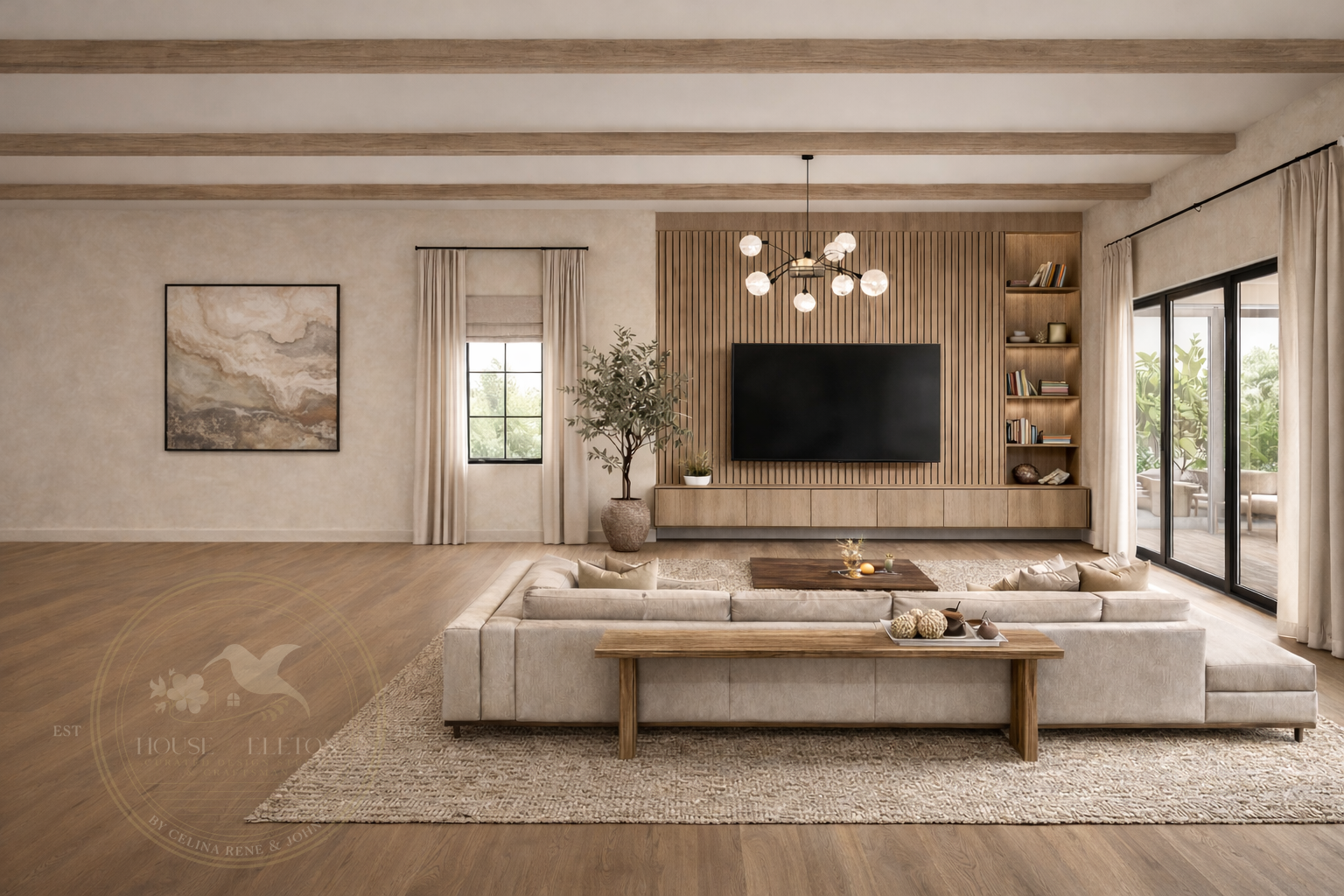 A warm contemporary concept rooted in architectural simplicity and relaxed sophistication.
This space was designed to feel open, grounded, and quietly elevated — blending natural textures, layered neutrals, and soft organic warmth. Exposed beams, ton