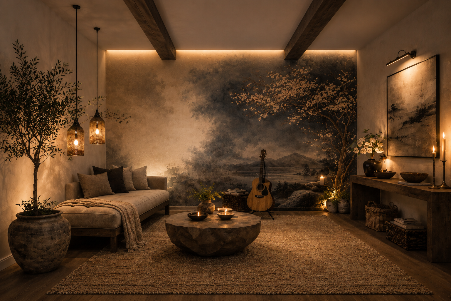 An intimate, atmosphere-driven retreat designed for slowing down and unwinding.
Layered lighting, moody tonal contrast, and organic textures come together to create a space that feels deeply calming and immersive. The oversized mural, warm wood tones