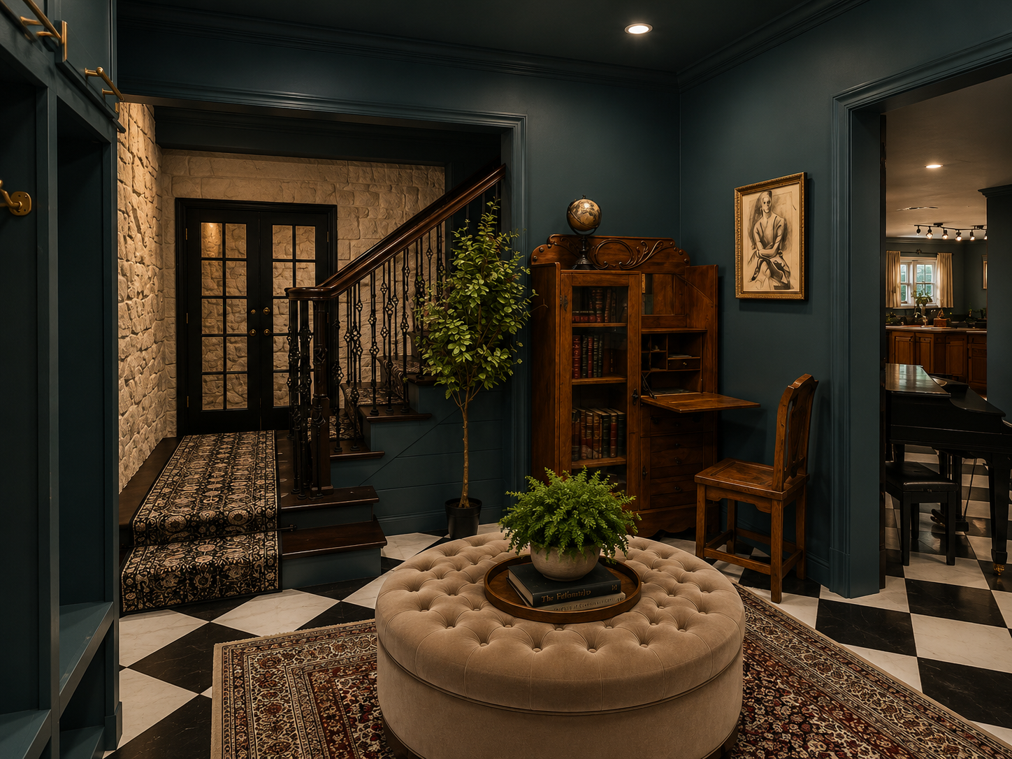 Joeys foyer facing stairs, solid harlequin.png