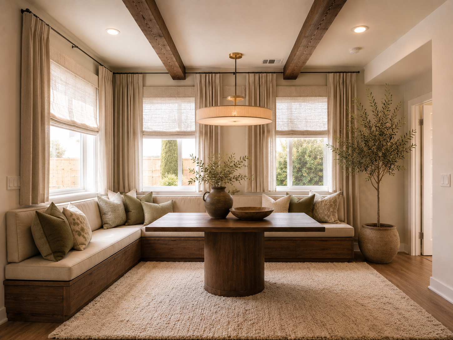 Designed as a quiet gathering space layered with warmth, softness, and architectural rhythm.
The banquette area blends tailored built-in seating, natural wood tones, and soft filtered light to create an atmosphere that feels both intimate and effortl