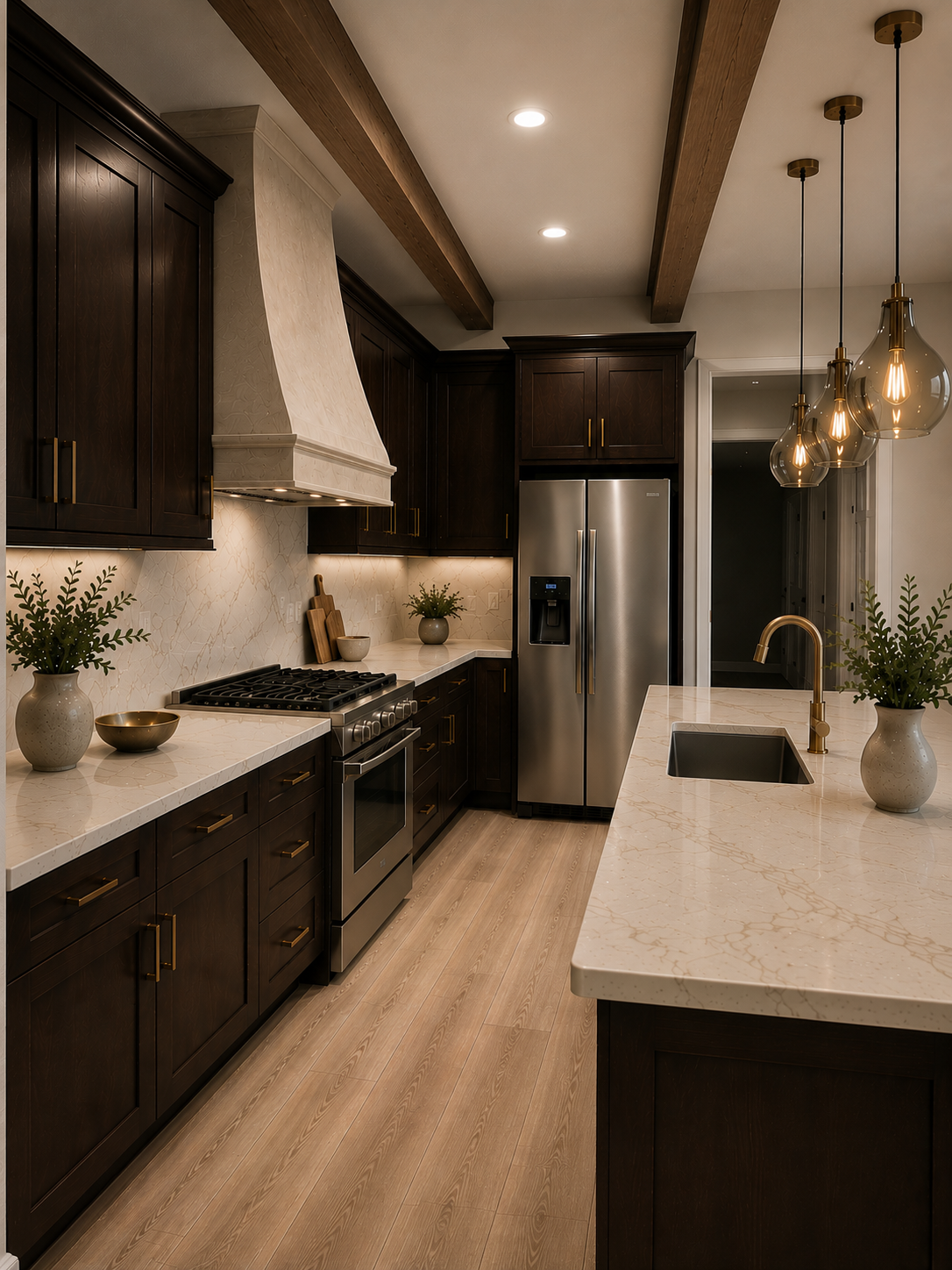 A refined reimagining of the original kitchen focused on warmth, openness, and architectural character.
The updated design replaces the upper microwave with a sculptural plaster-style exhaust hood, creating a more elevated and visually balanced focal