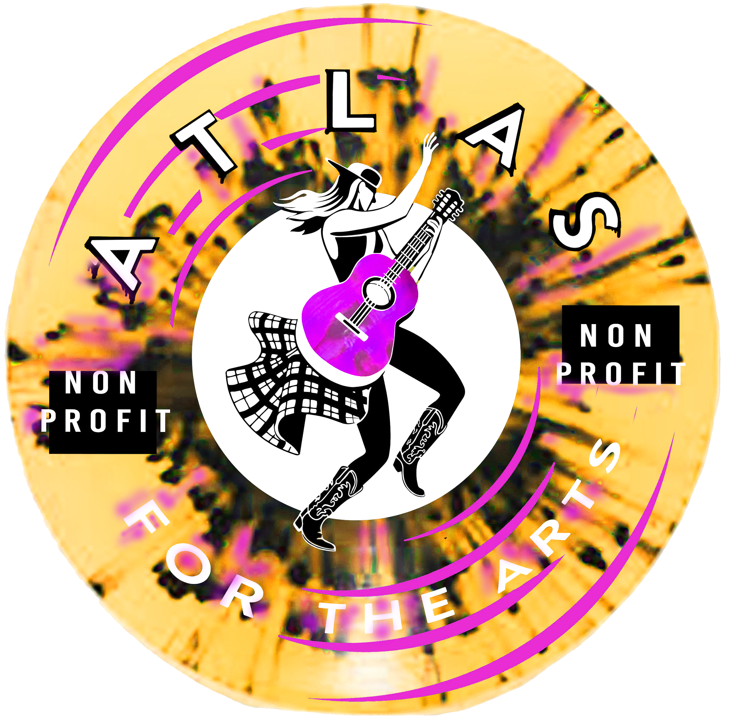 A circular logo for 'All Things For The Arts,' a non-profit organization, featuring a woman dancing with a guitar and microphone, colorful background, and text around the circle.