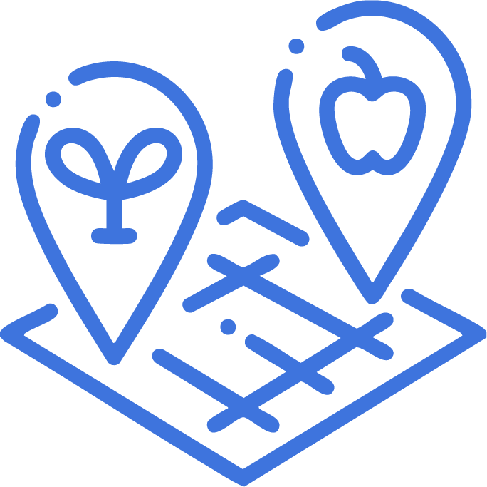 Outline map with two location markers, each containing an apple icon, indicating two specific points of interest related to apples.
