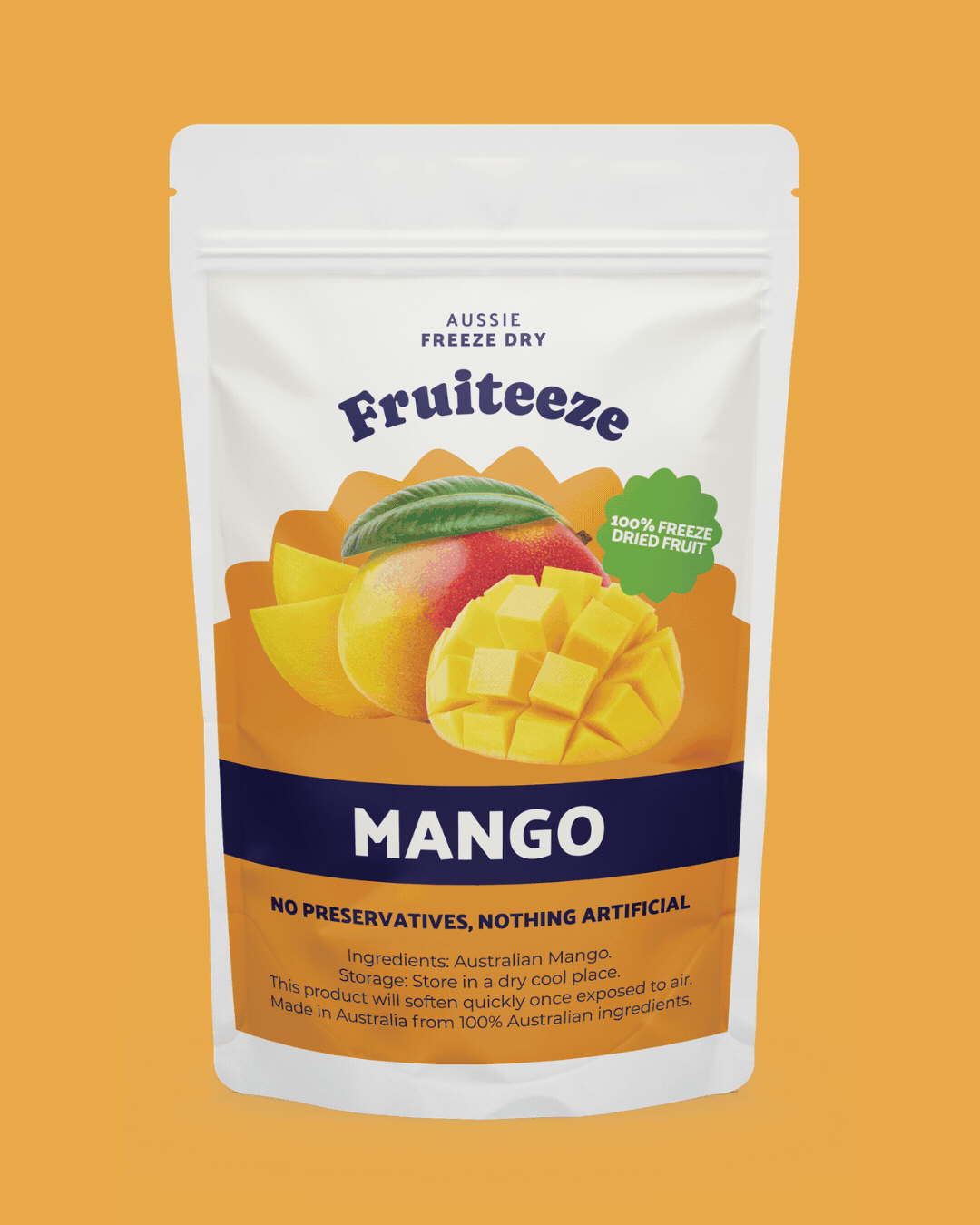 Package of freeze-dried mango pieces from Fruiteeze, showing whole mango and diced mango on the front with labels indicating no preservatives and 100% freeze-dried fruit, set against an orange background.