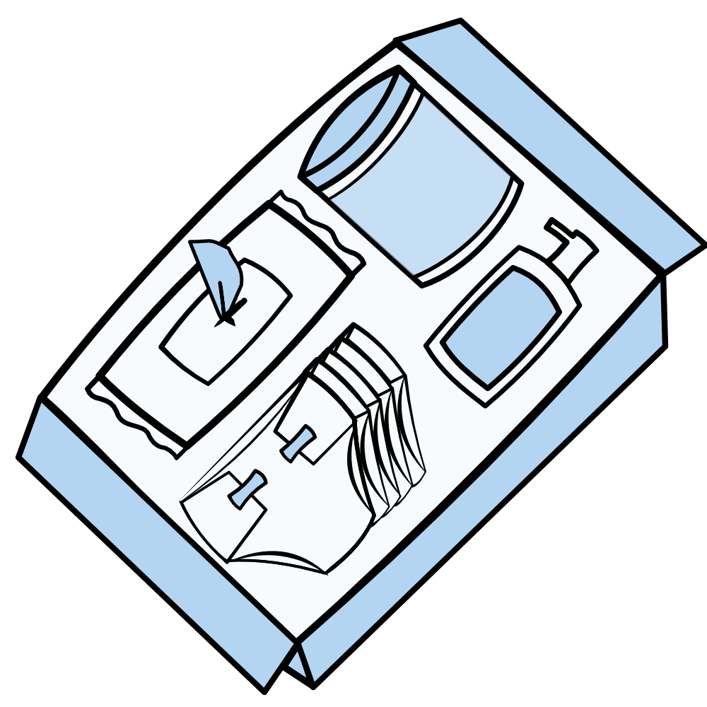 An isometric illustration of a box of wipes, a bottle of lotion, formula, and diapers.