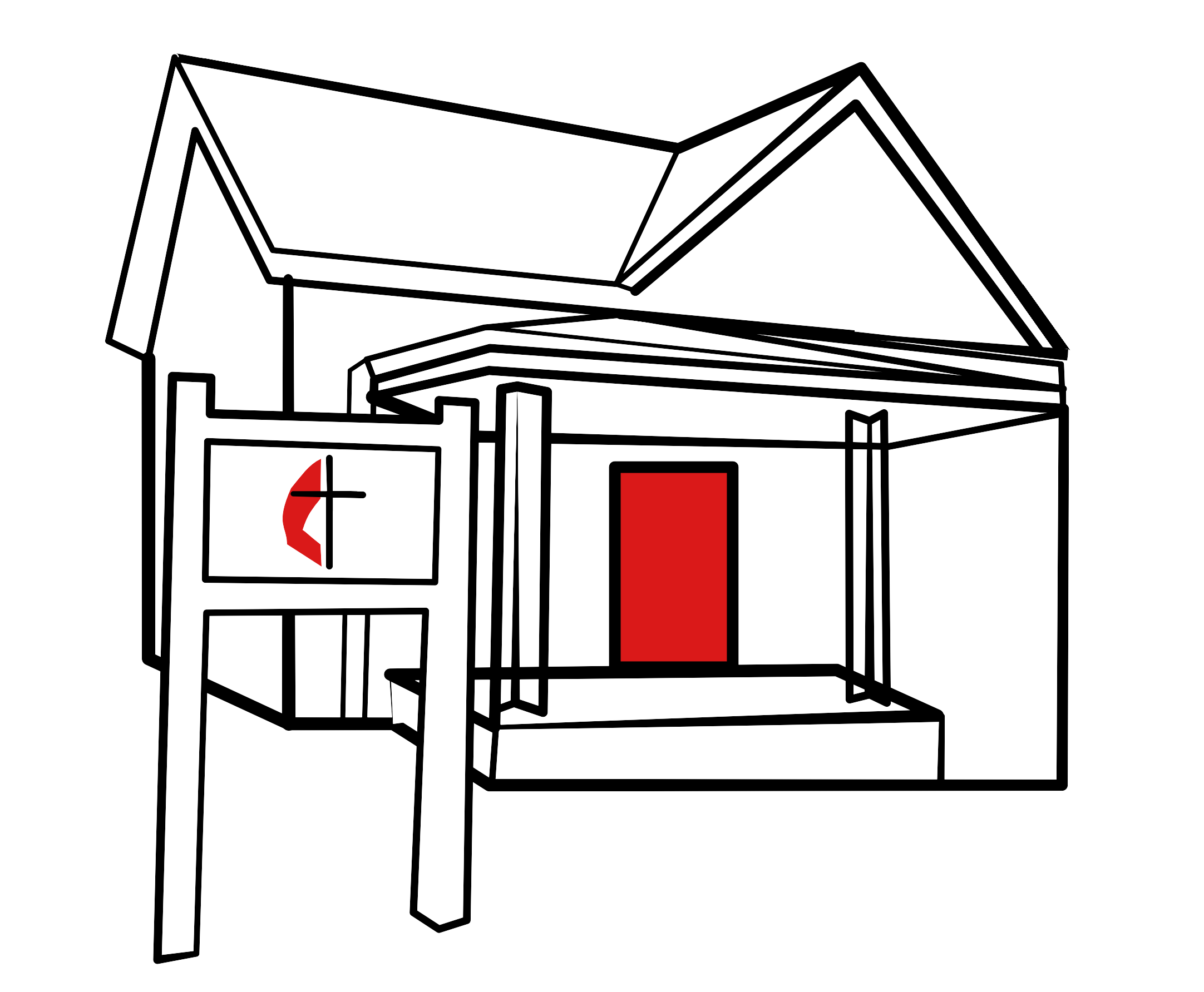 A computer-generated, black-and-white illustration of a modern house with a prominent sloped roof, large windows, a small front porch, and a minimalistic design.