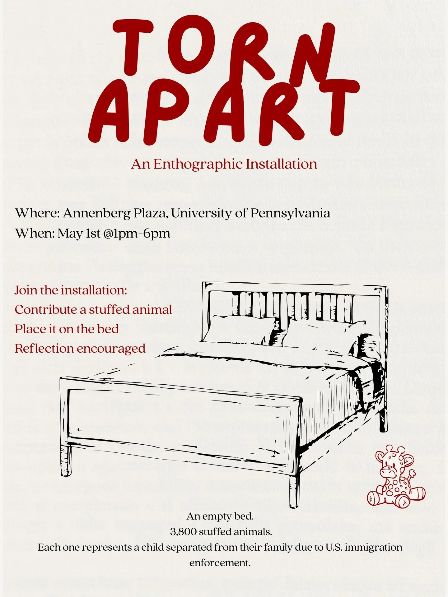TOMORROW @ ANNENBERG PLAZA, 1PM

🧸Join the "Torn Apart" installation: A collaborative ethnographic installation calling on the public to donate a stuffed animal to help visually represent children separated from their family due to U.S. Im