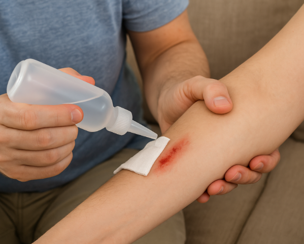 A person applying antiseptic to a scraped arm with a squeeze bottle and gauze pad.
