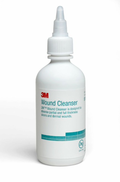 A white bottle of 3M Wound Cleanser with a nozzle cap, labeled for cleaning partial and full thickness ulcers and dermal wounds.