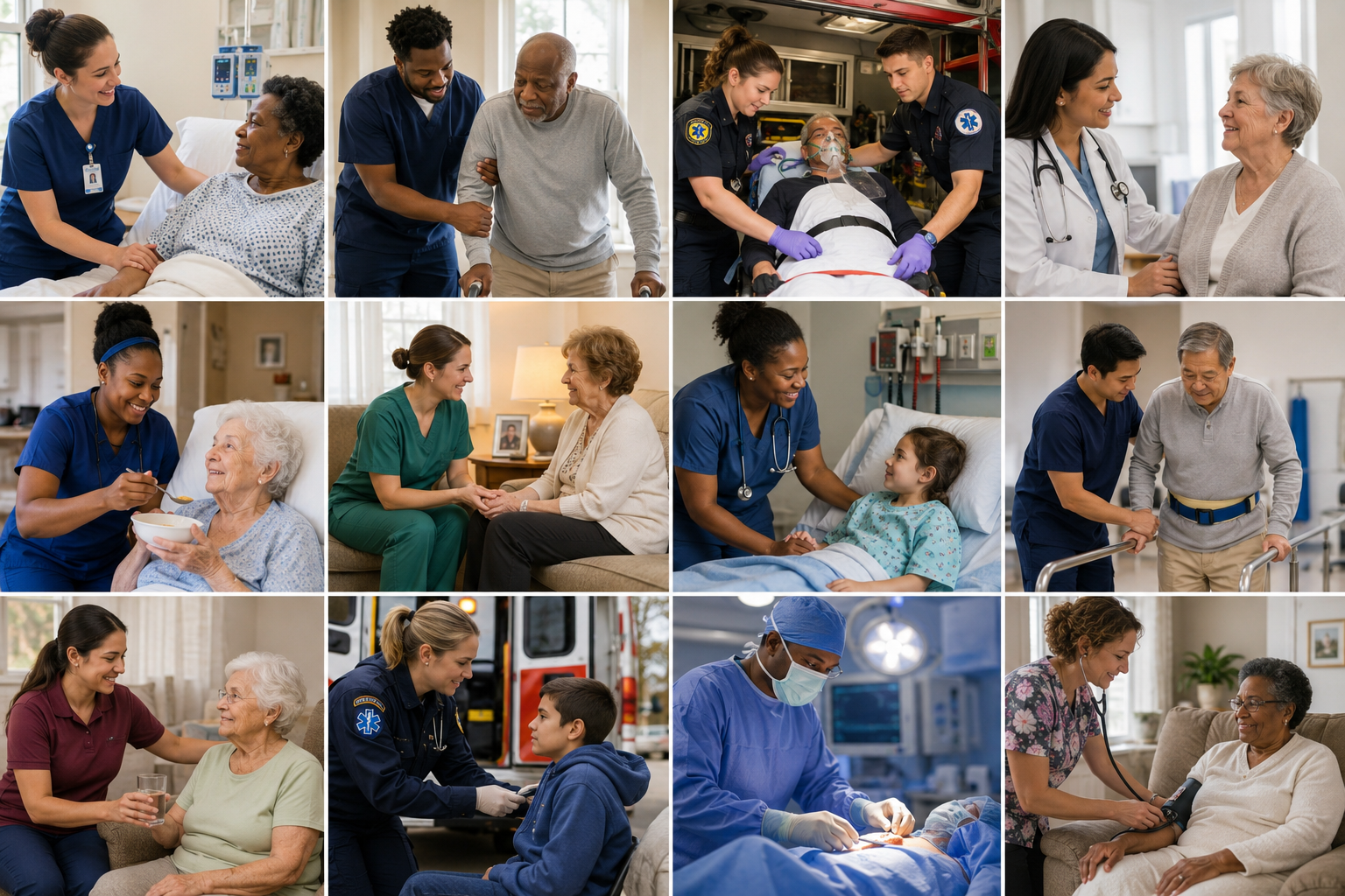 Collage of healthcare workers providing medical care to patients of various ages in different settings, including hospitals, clinics, and ambulances.