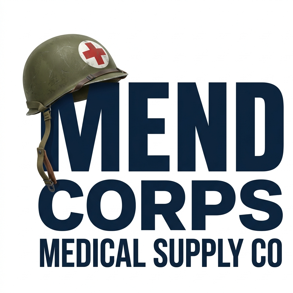 Logo of MEND Corps Medical Supply Co with a military helmet featuring a red cross on a white circle placed on top of the letter 'M' in 'MEND'.