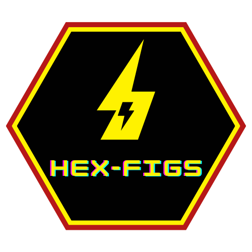 A black hexagon logo with a yellow and red border, featuring a yellow lightning bolt and the text "HEX-FIGS" in multicolored letters. LEGO Star Wars, Marvel, Anime, Ninjago, Five Nights at Freddy's, Minifigures, and More.