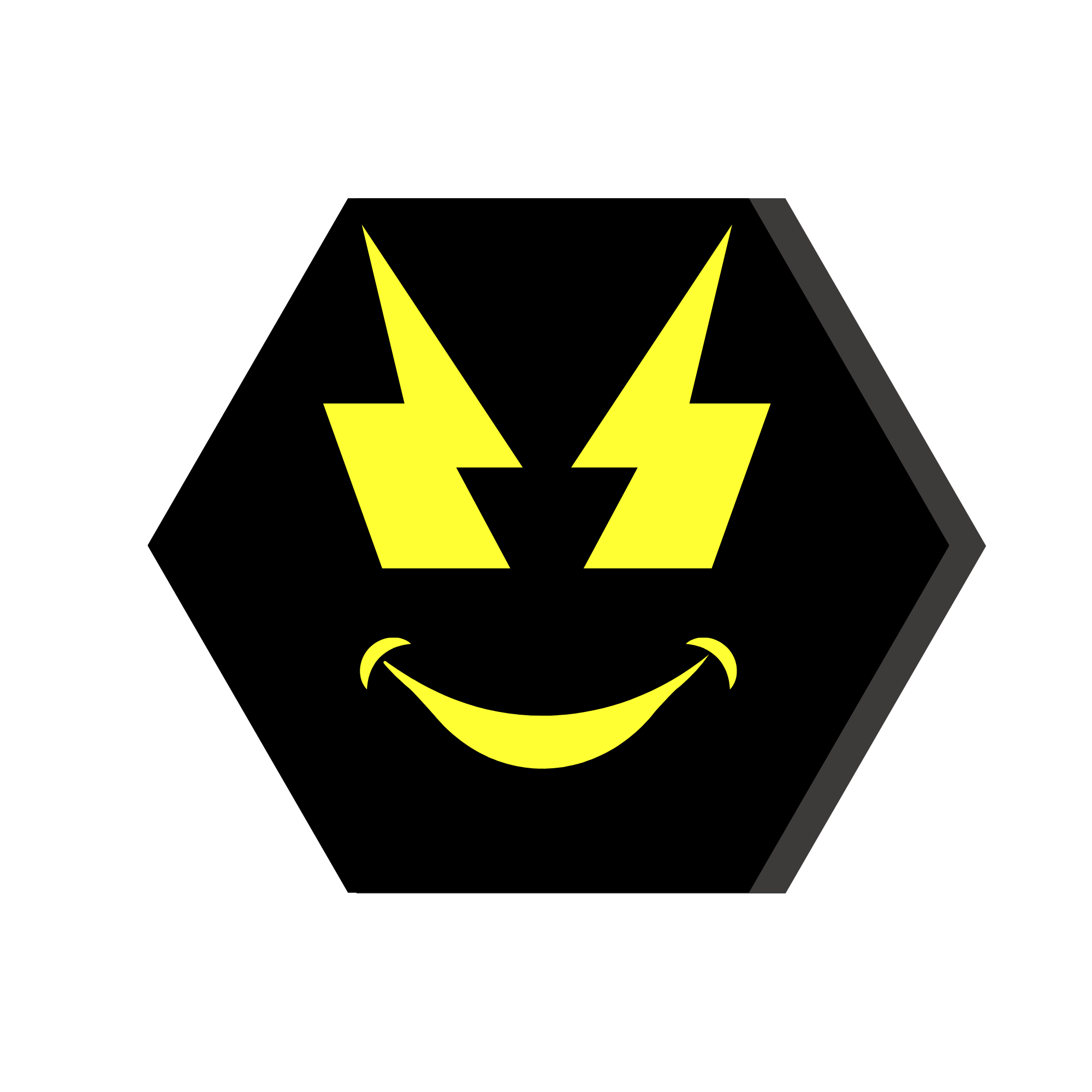 Stylized logo with a black hexagon outline, featuring a yellow lightning bolt and a smiling face beneath it. Hex-Figs Hex-Hed.