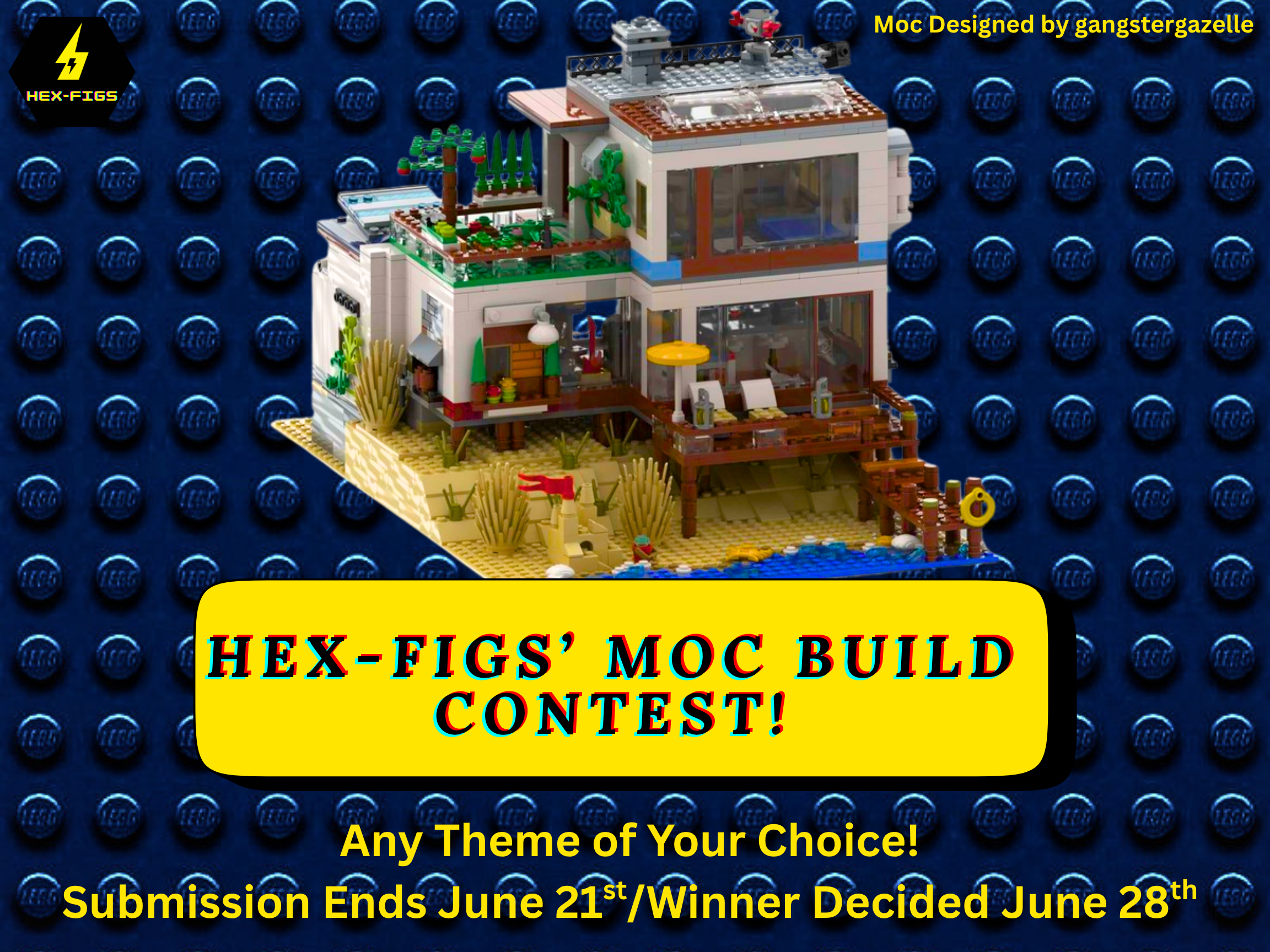 A colorful LEGO model of a modern beach house with outdoor furniture, plants, and a grassy yard, set against a blue LEGO background with promotional text for a LEGO building contest.