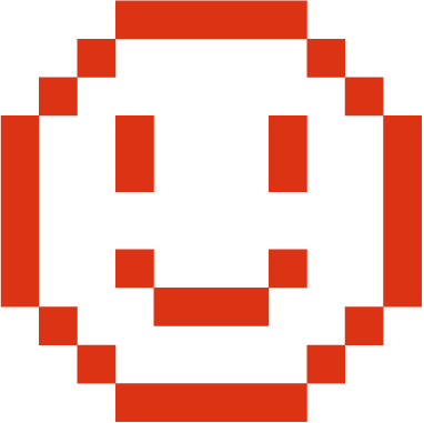 Pixel art image of a smiling animal face, possibly a cat or a dog, with red and black colors.