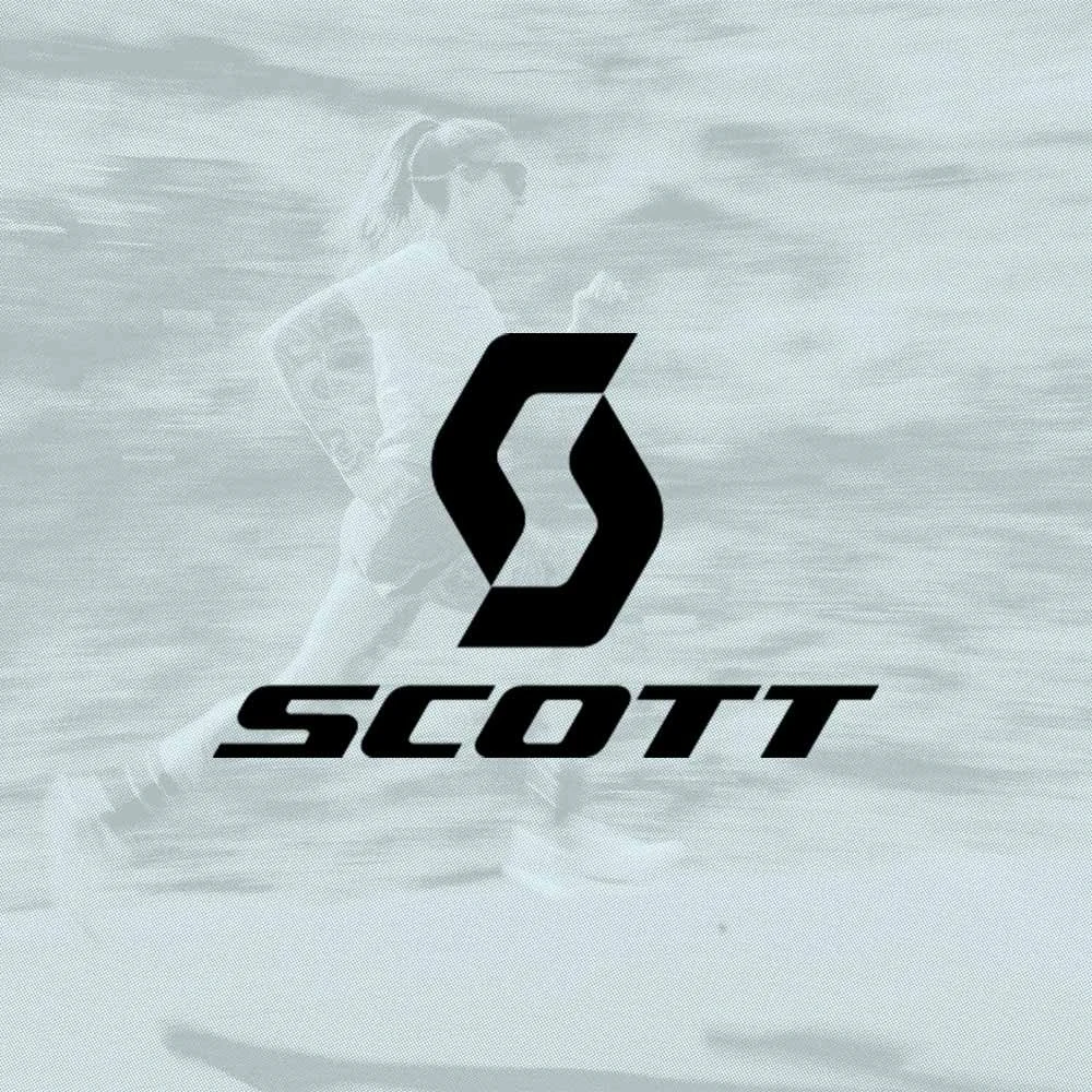 A person in athletic gear running on water with a large SCOTT logo and name overlayed on the image