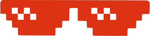 Pixelated red image resembling a pair of sunglasses with black details and a central rectangular shape.