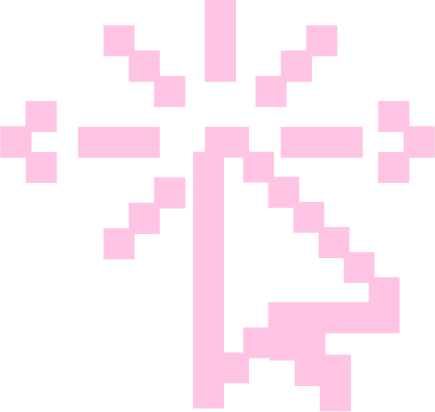 Pixel art pink mouse cursor with a burst of light on a black background.
