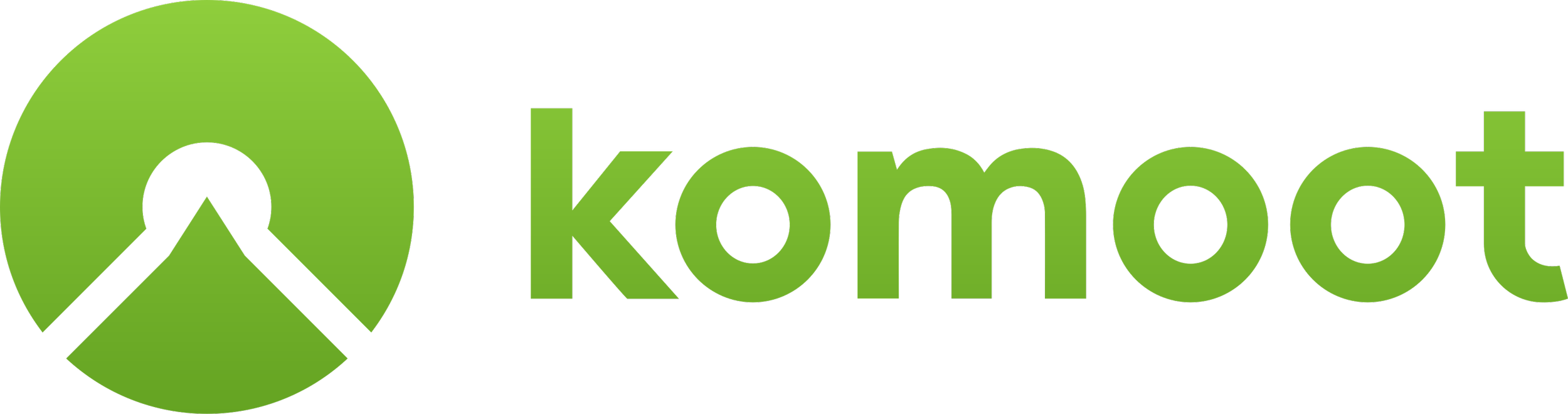 Komoot logo. Green logo with a stylized tent icon and the word 'Koomot' in green text.