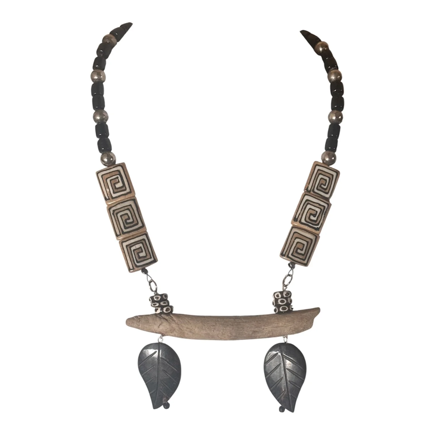 Driftwood Wood Bone Sprial Aztec carved Bone Leafs Glass Silver Beaded Necklace