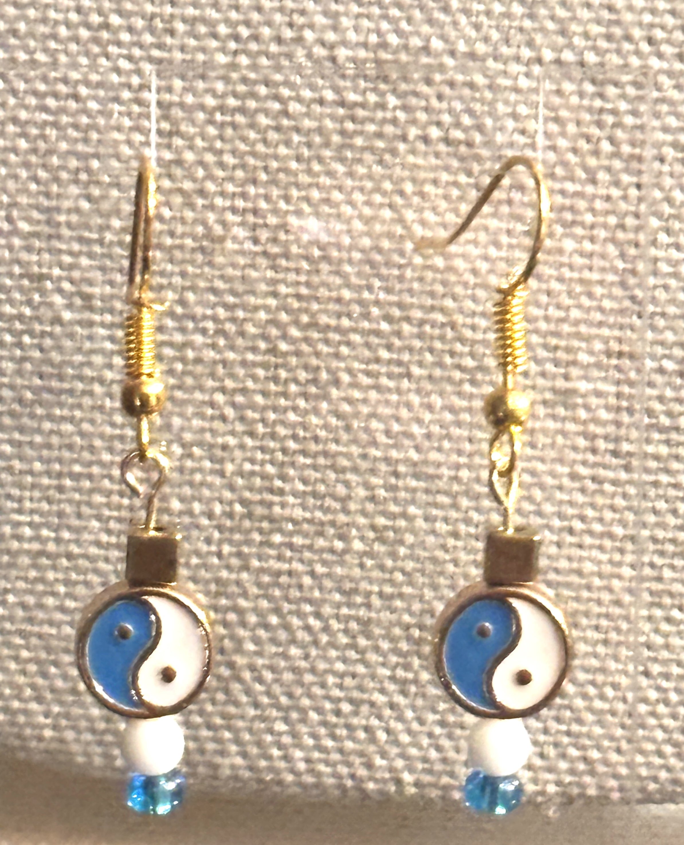 Ying Yang Balance Energy Metal enamel Painted Double sided Bead Earrings White & Navy Blue